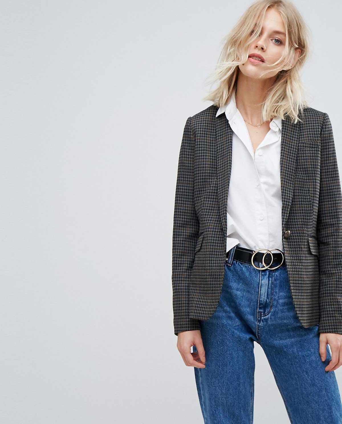 Model wearing the Halden check blazer in grey